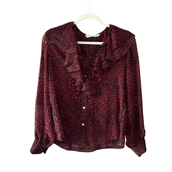 ZARA Ruffle Red Animal Print Sheer Blouse – Sze S - Picture 4 of 14